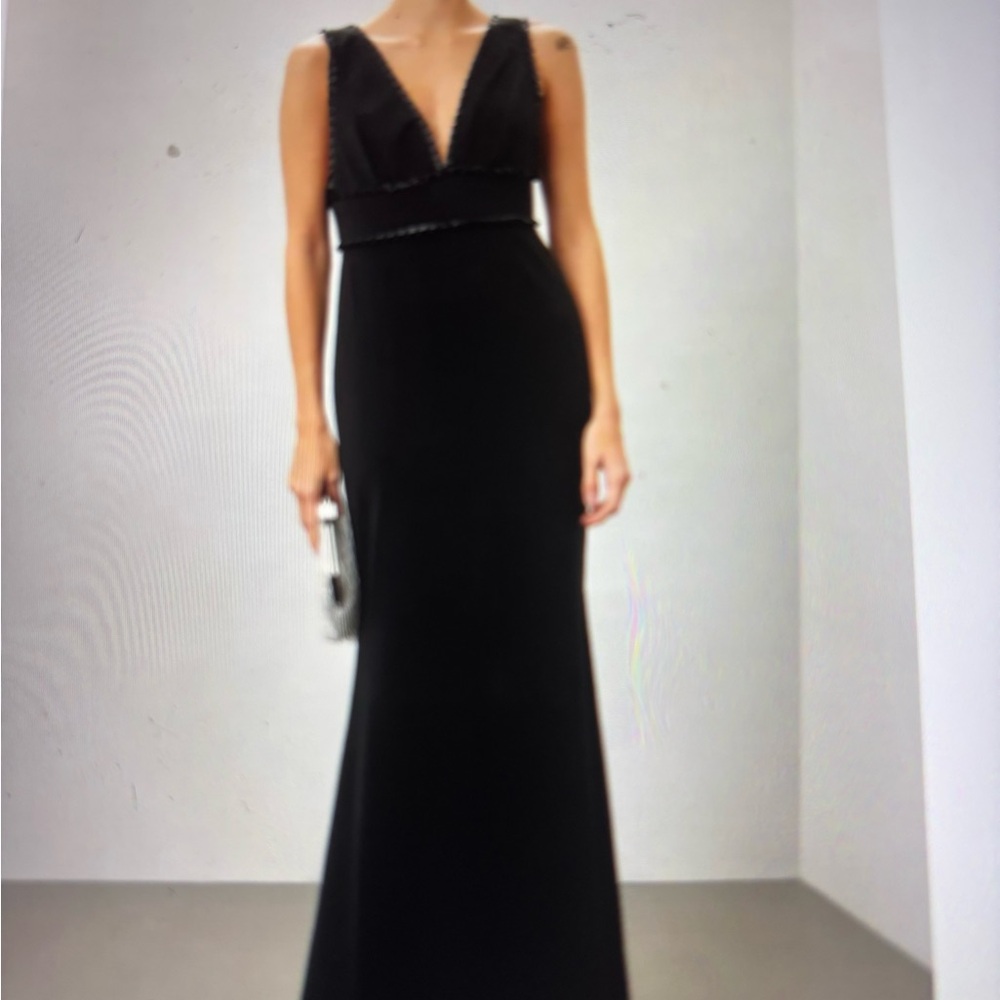 Bagley Mischka Pleated Trim Black V-Neck Sleeveless Mermaid Gown Size 10